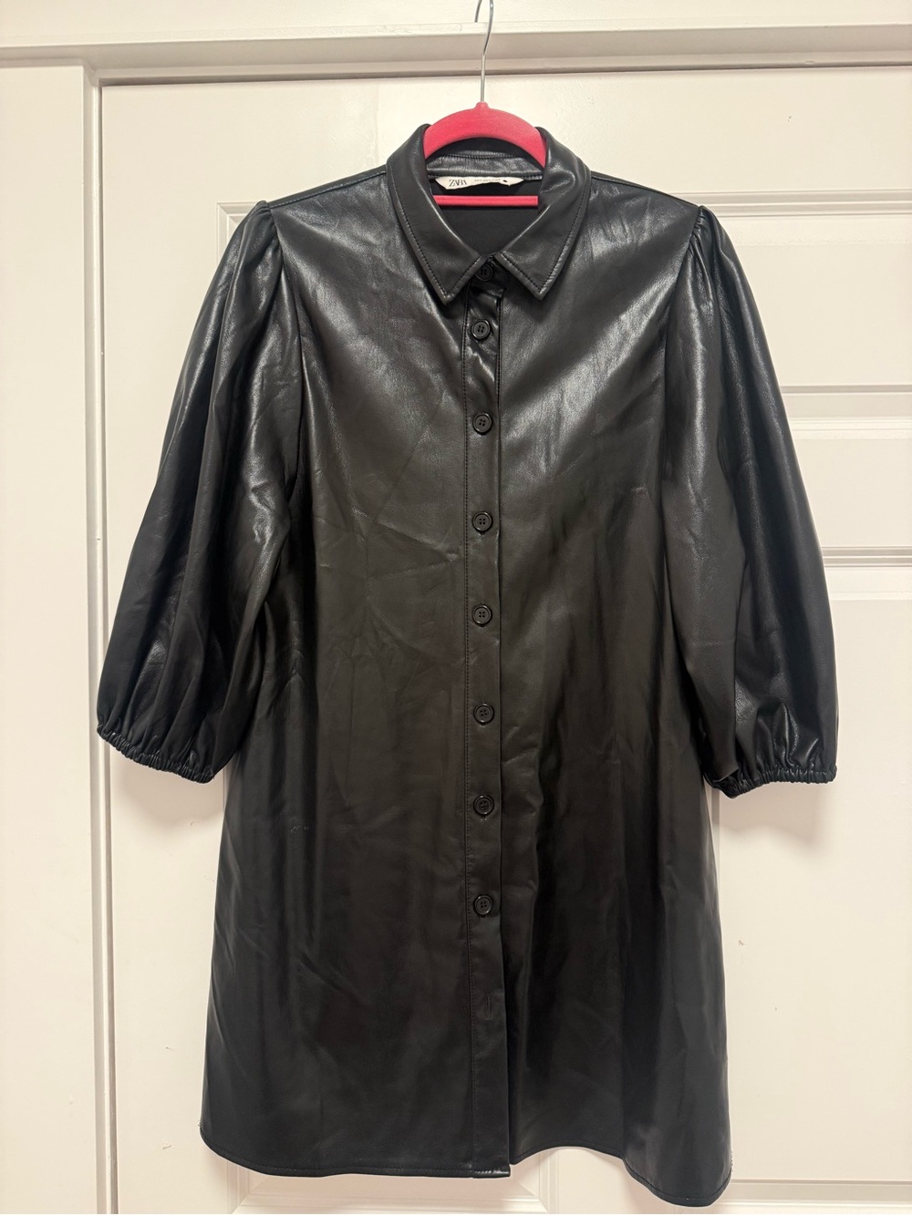 ZARA Black Faux Leather Button-Front Swing Dress